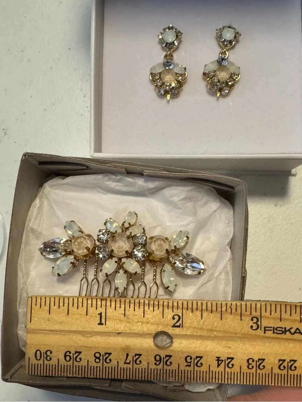 Gold Bridal Hair Comb and Earrings Set with Opal White Crystals